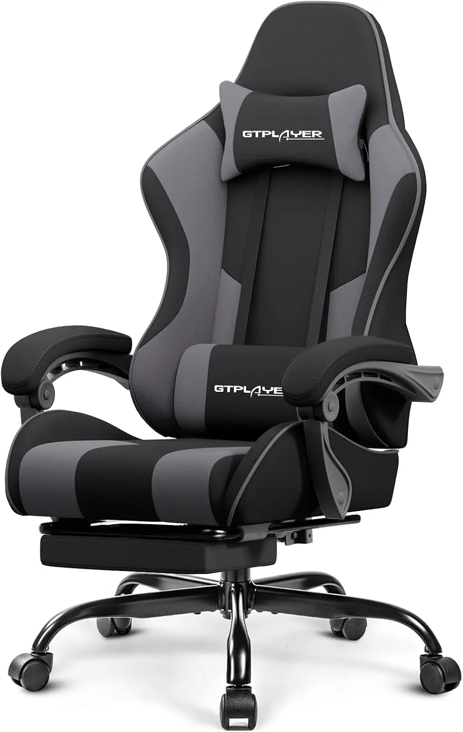 GTPLAYER Gaming Chair, Computer Chair with Footrest and Lumbar Support, Height Adjustable Game Chair with 360°-Swivel Seat and Headrest and for Office or Gaming (Darkgray, Fabric)