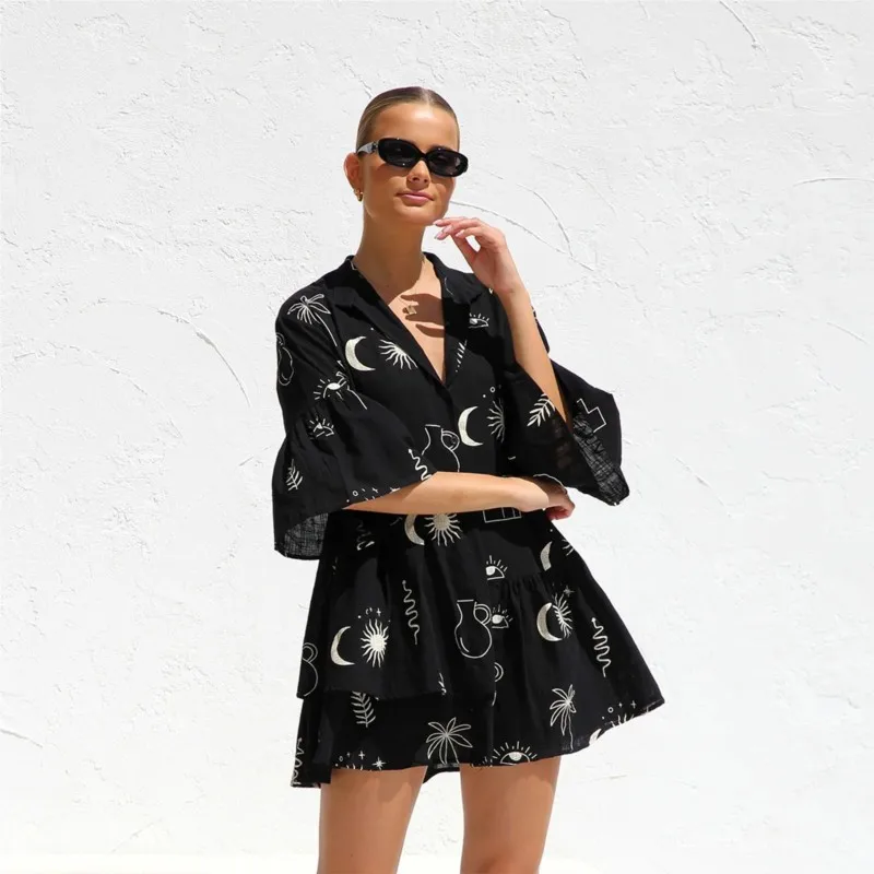 

Shirt Short Dress Simple New Loose Short Suit Women's Printed Half-sleeved V-neck Irregular Pleated Dress Casual Clothing
