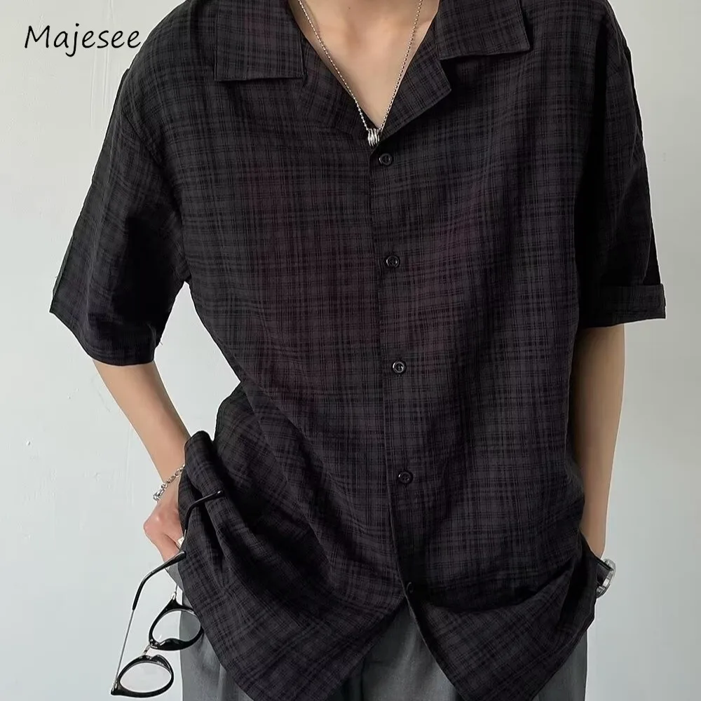 

Black Plaid Shirts Men Summer Loose Breathable Teens All-match Trendy Korean Fashion BF Simple Tops Streetwear Harajuku Camisas