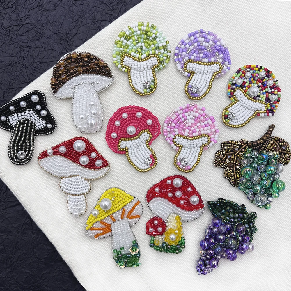 Handmade Cute Beaded Mushroom，Grapes Patches Beaded Badge Appliques Sewing Patches Decorate Coat,Bag,hat Sweater Ornaments