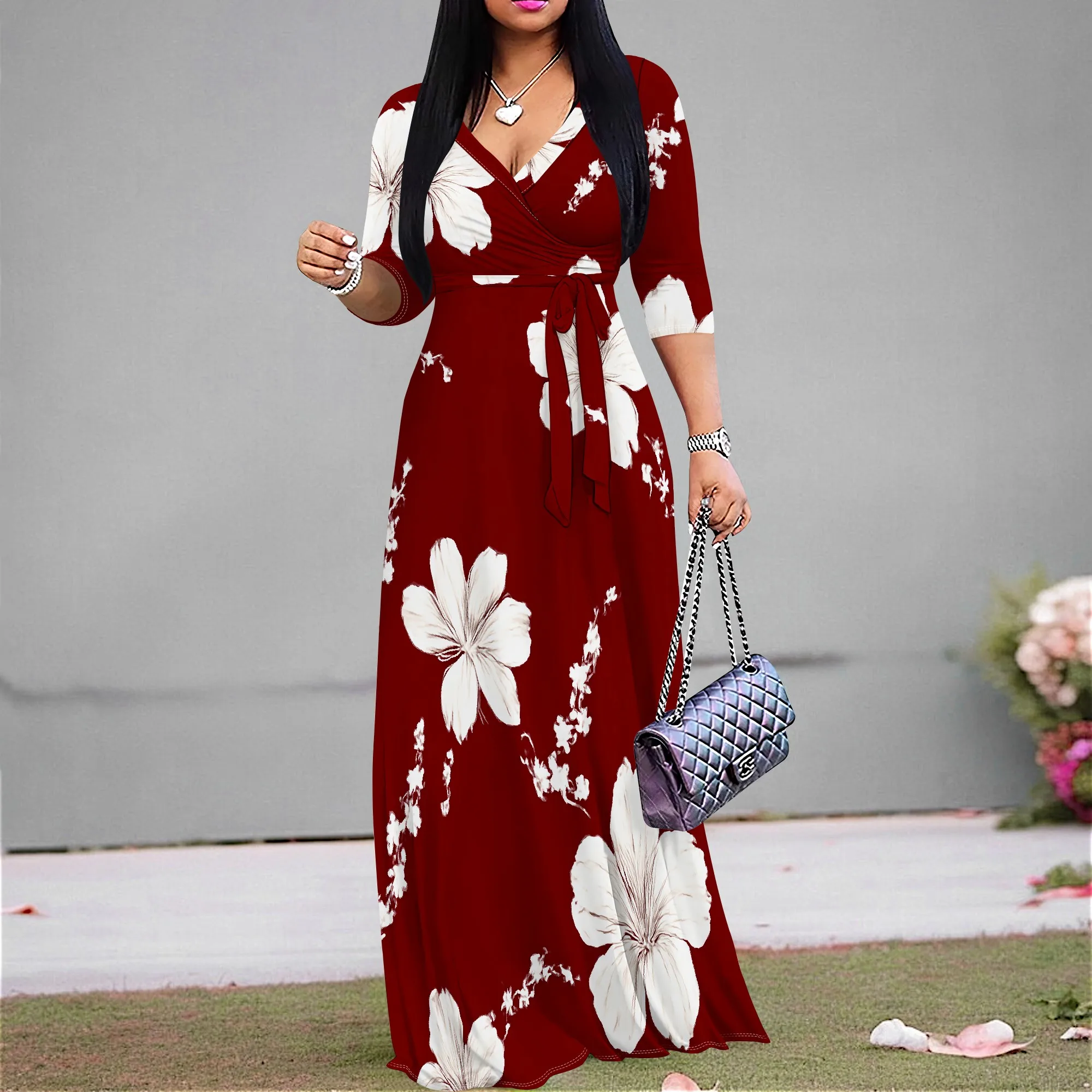 

Women's Floral Wrap V-Neck Dress Red 2025 New Arrival Casual Chic Dress S-3XL