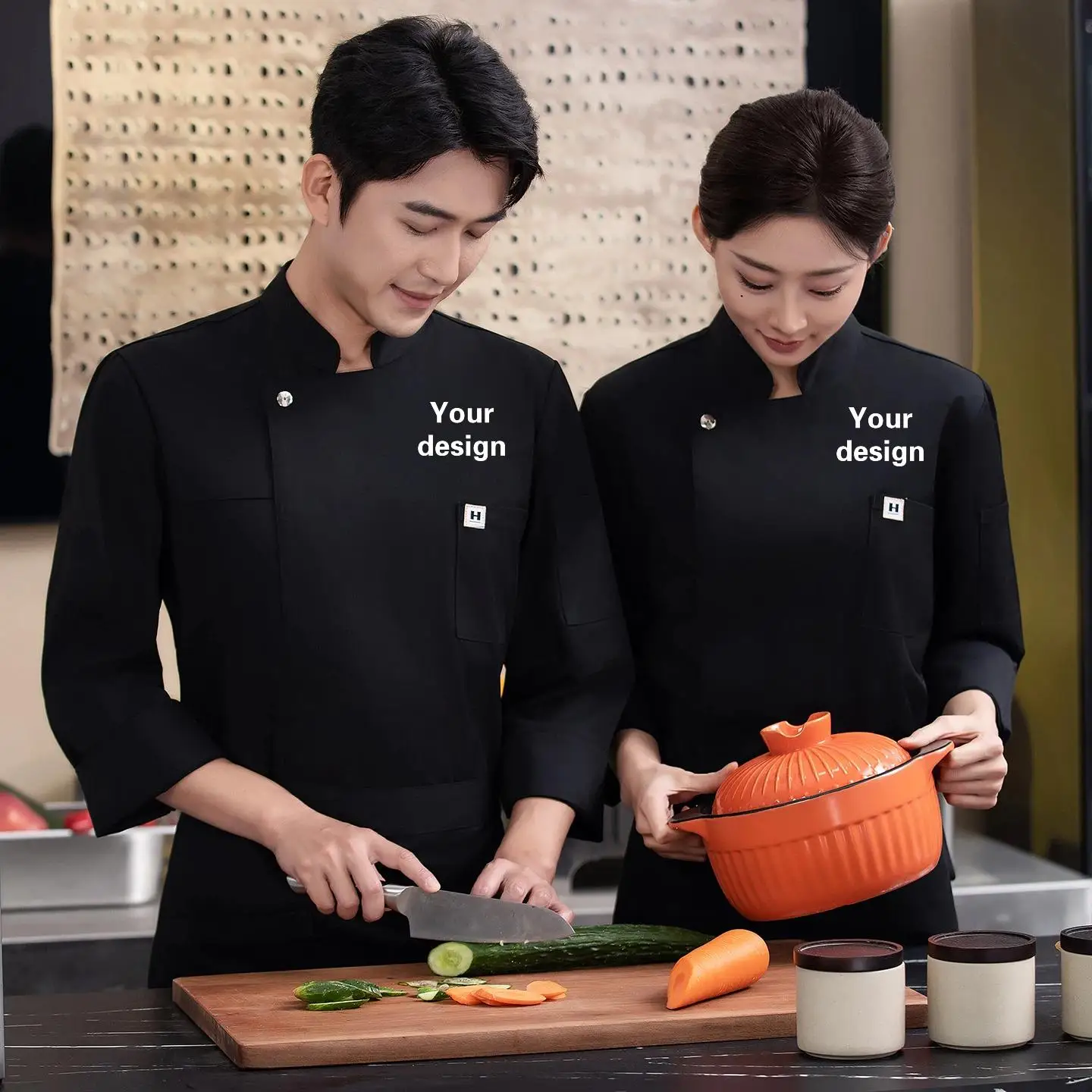 

Мужская униформа для поваров из эластичной ткани, рабочая форма с вышивкой, нанесением имени и логотипа, куртка для ресторана, одежда для кухни