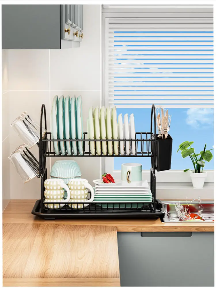 Kitchen Large Dish Drying Rack Counter with Drainboard Round Dishes Storage Oraganizer Utensil Holder Drainer for Knifes Cup
