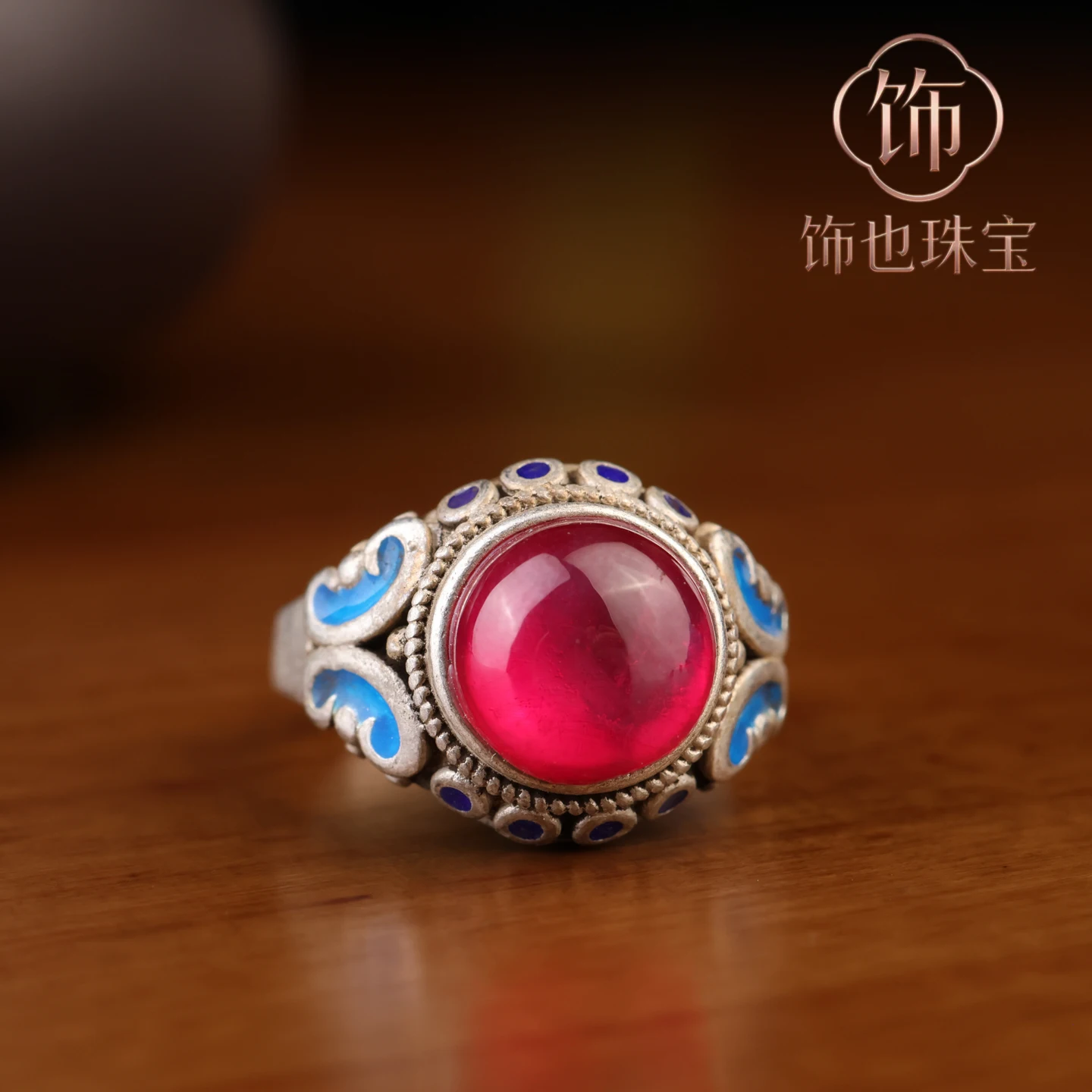 Antique Collection Cloisonne Old Silver Ring Seiko Inlaid Starlight Gemstone Miao Silver Open Ring Gift Silver Jewelry view 2