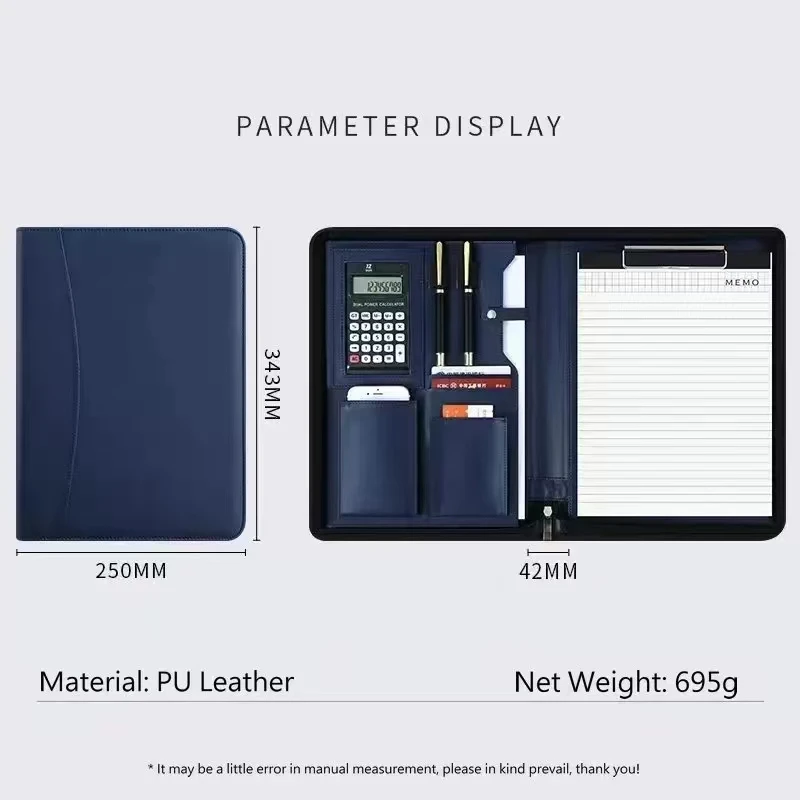 A4PU leather wallet, briefcase with zipper calculator, used to store contract documents, crucial for success