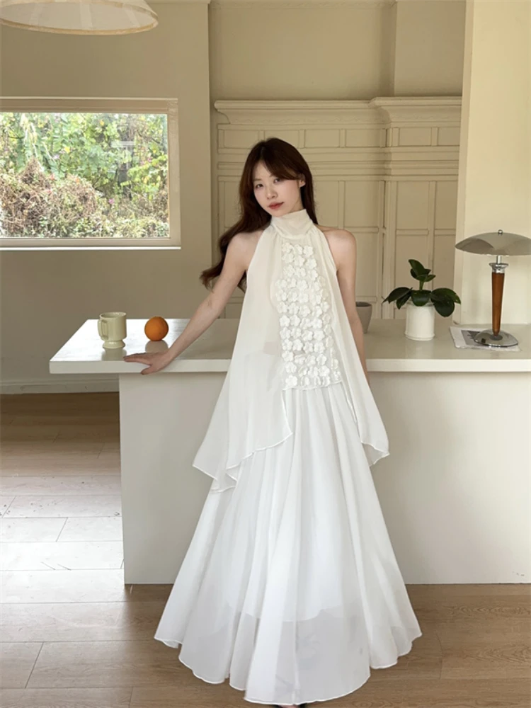 

New Chinese Hanging Neck Print Top Skirt Two-piece Set Women Chiffon Patchwork Sleeveless Temperament Sweet Summer Gentle Suit