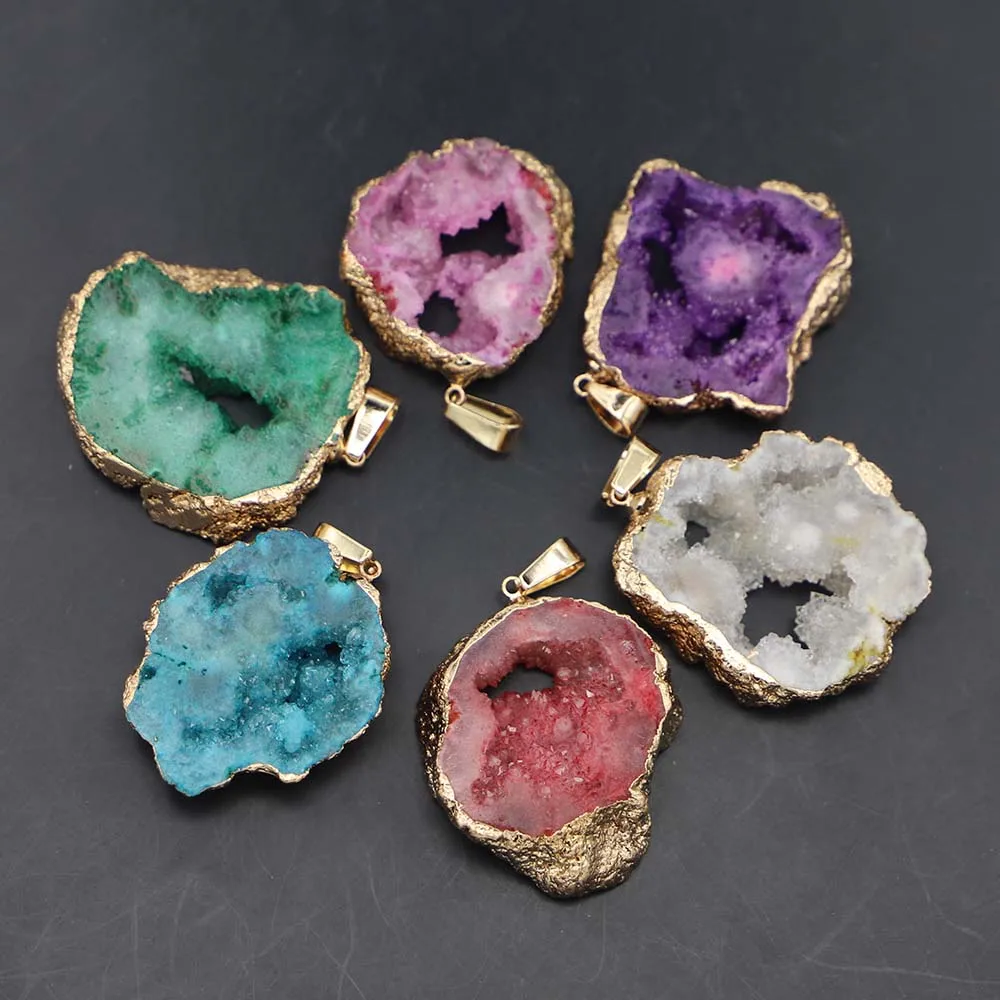 Natural Agates Raw Stone Slice Pendant Necklace Crystal Plating Phnom Penh Irregular Druzy Geode Charms Jewelry Making Gift 8Pcs
