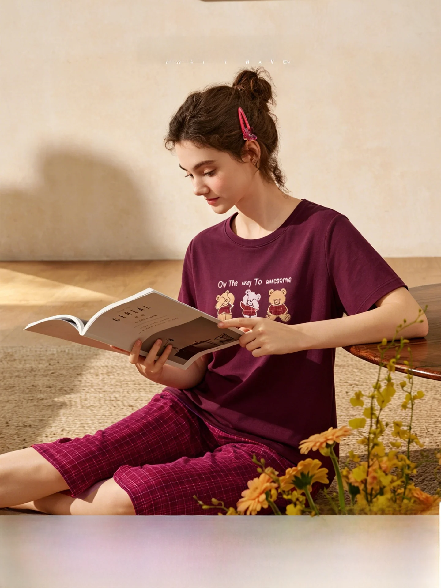 autumn-deer-short-sleeve-seven-foot-pants-cartoon-cute-style-sleepwear-summer-home-clothes-set-round-neck-overhead-pure-cotton