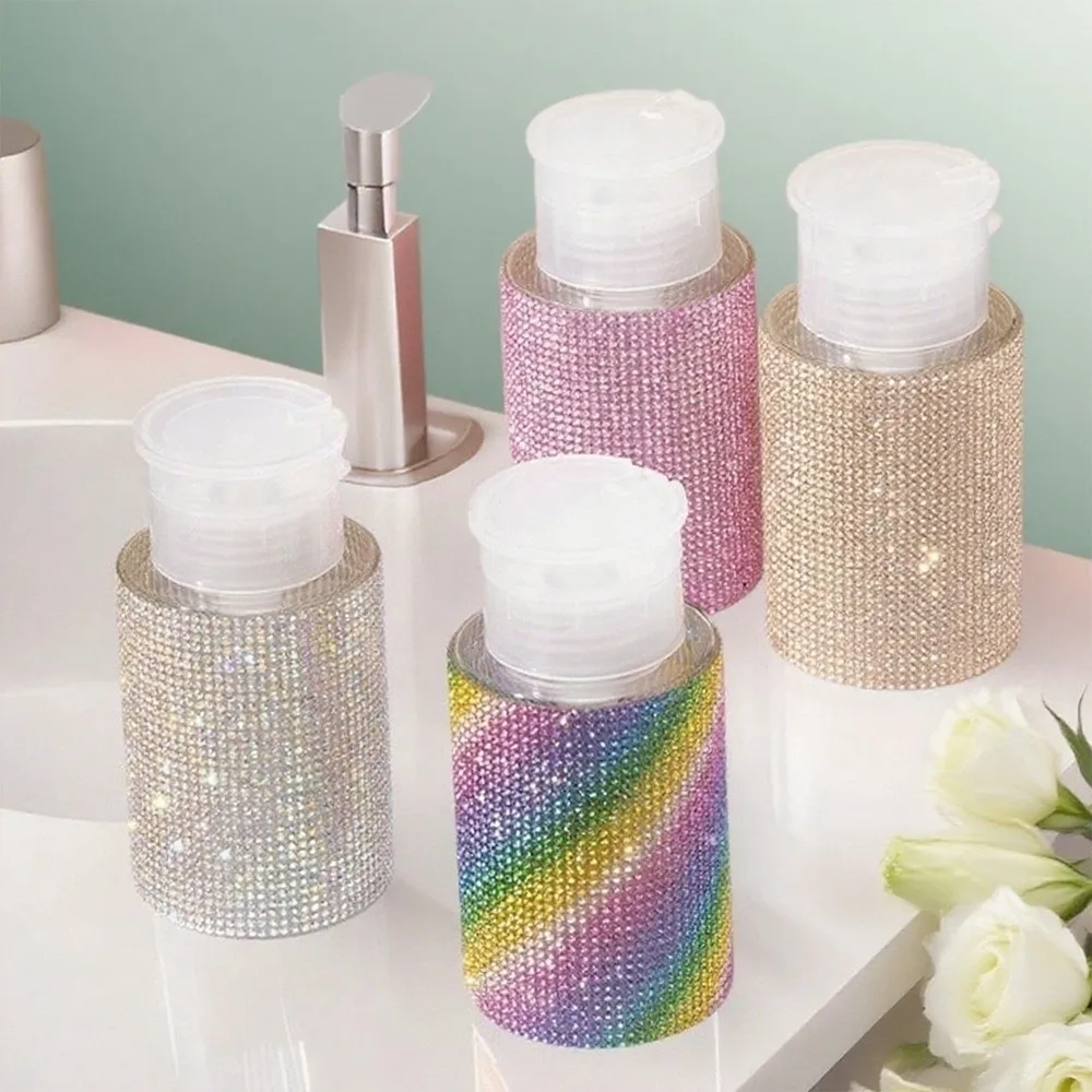 Portable 200ml Press Liquid Pump Bottle Diamond Plastic Dispenser Container Empty Refillable Bottle Nail Polish Remover Cleaner