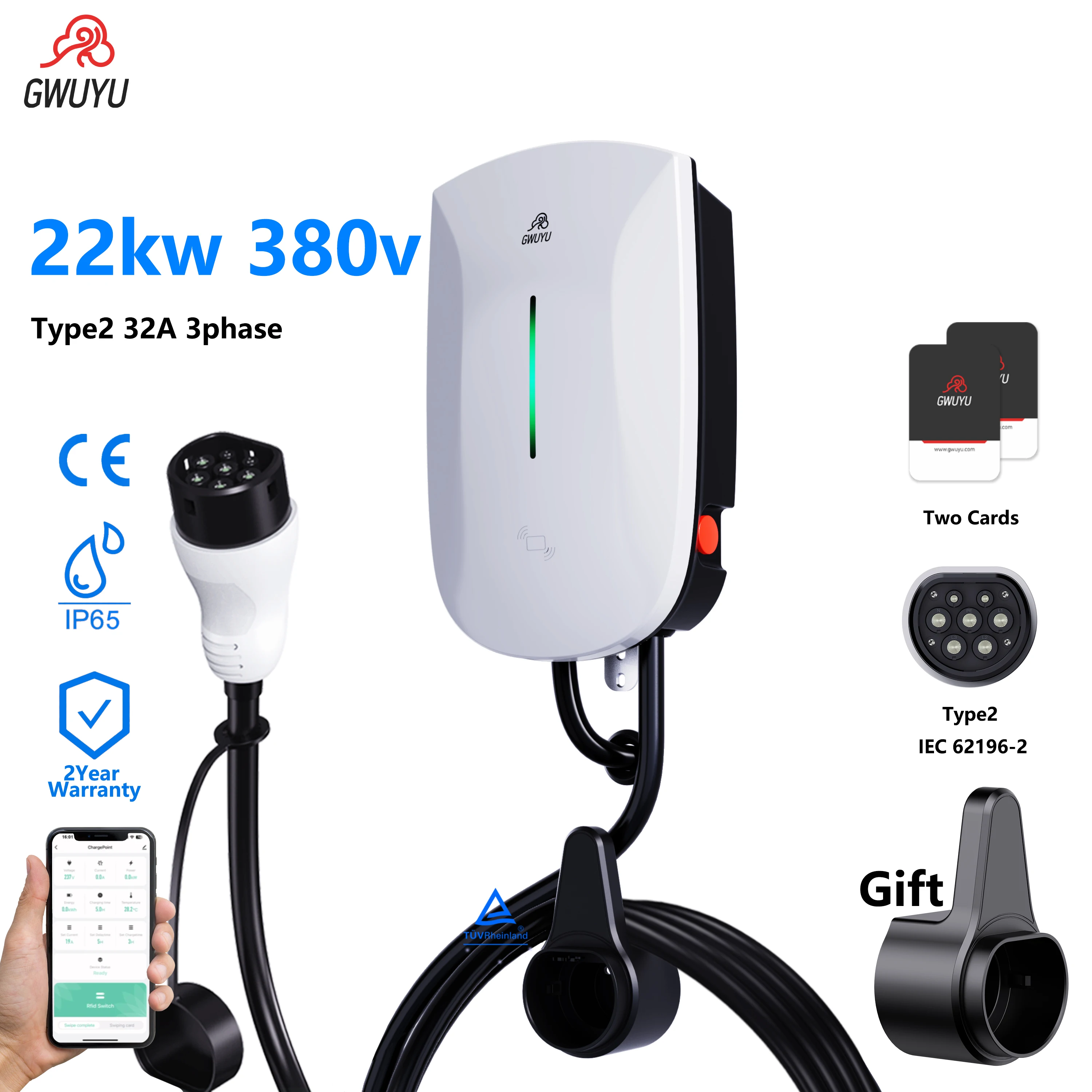 GWUYU EV-laadstation 16/32A elektrische autolader EVSE Wallbox Wallmount 7/11/22KW Type2-kabel IEC62196 APP-bediening