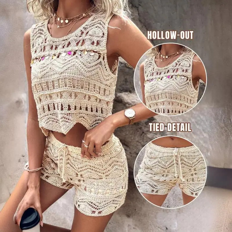 

Women's Two-Piece Casual Tropical Vacation Knit Lace Hollow Sleeveless Cut Pendant Decoration Top and Lace Up Detail Shorts Set