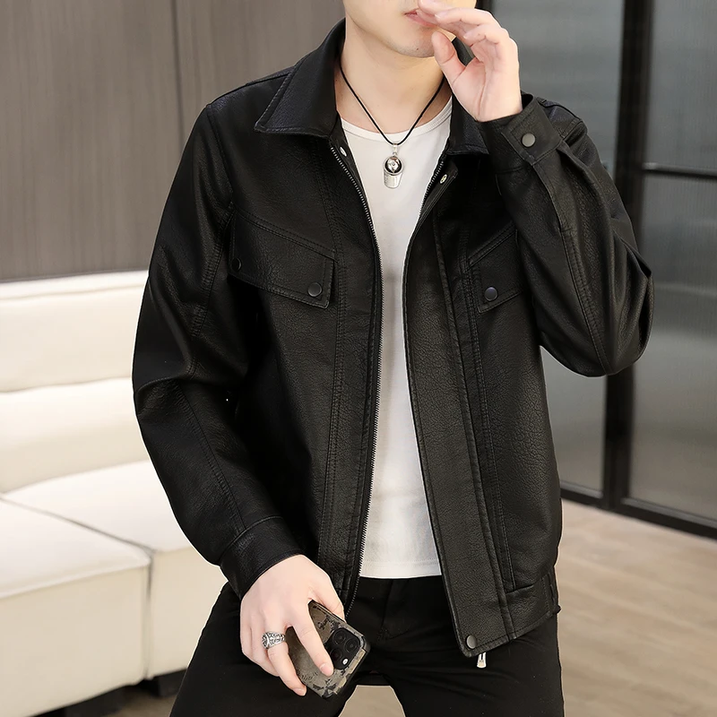 

Мужская кожаная куртка в стиле кэжуал-панк, приталенная, модная мотоциклетная куртка, весна-осень, новинка, из полиэфирного волокна, длинная, с длинными рукавами.
