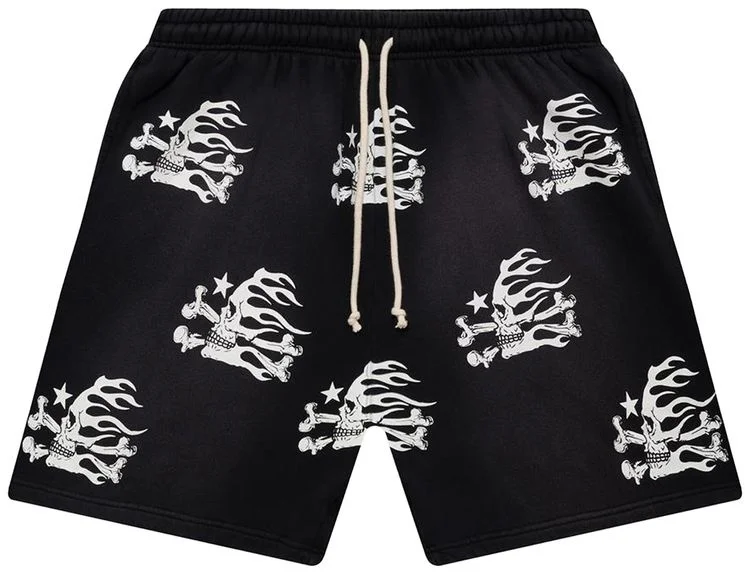 

2026 New Black Skull & Flame All Over Print Mens Shorts Elastic Waist Running Workout Gym Sports Male Casual Shorts