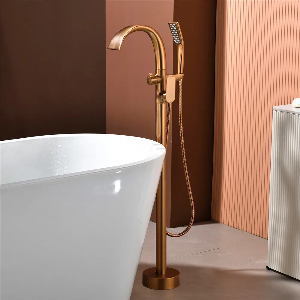 

Brushed Rose Gold Bathtub Faucet Set Floor Standing Black Bathtub Mixer 360 Degree Rotation Spout with Handshower Head