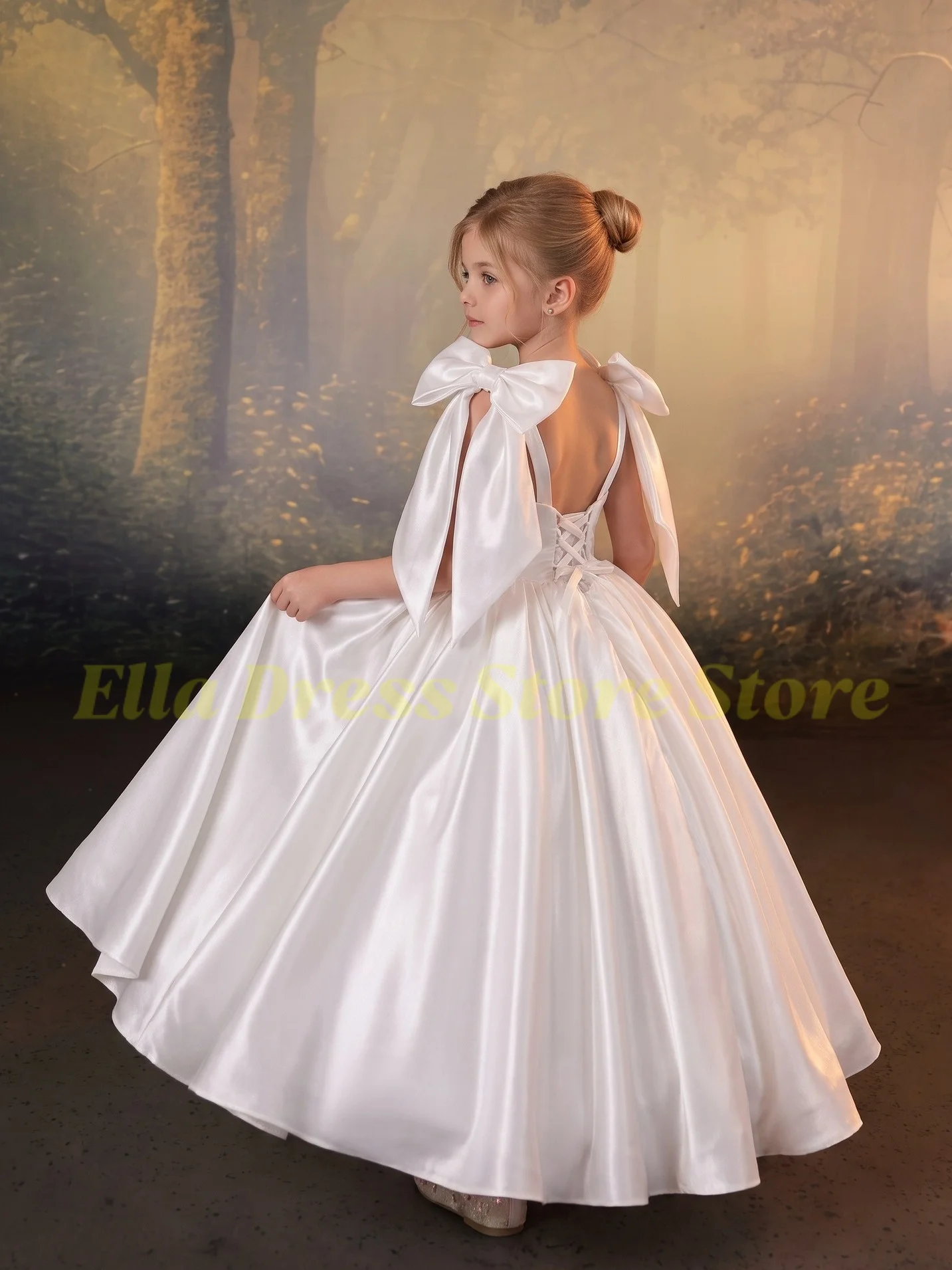 Großhandel Weißes Blumenmädchenkleid für Hochzeit, bodenlang, mit Schleife, Prinzessinnenkleid für Geburtstagsfeier, Erstkommunion, maßgeschneidert – Detail 1