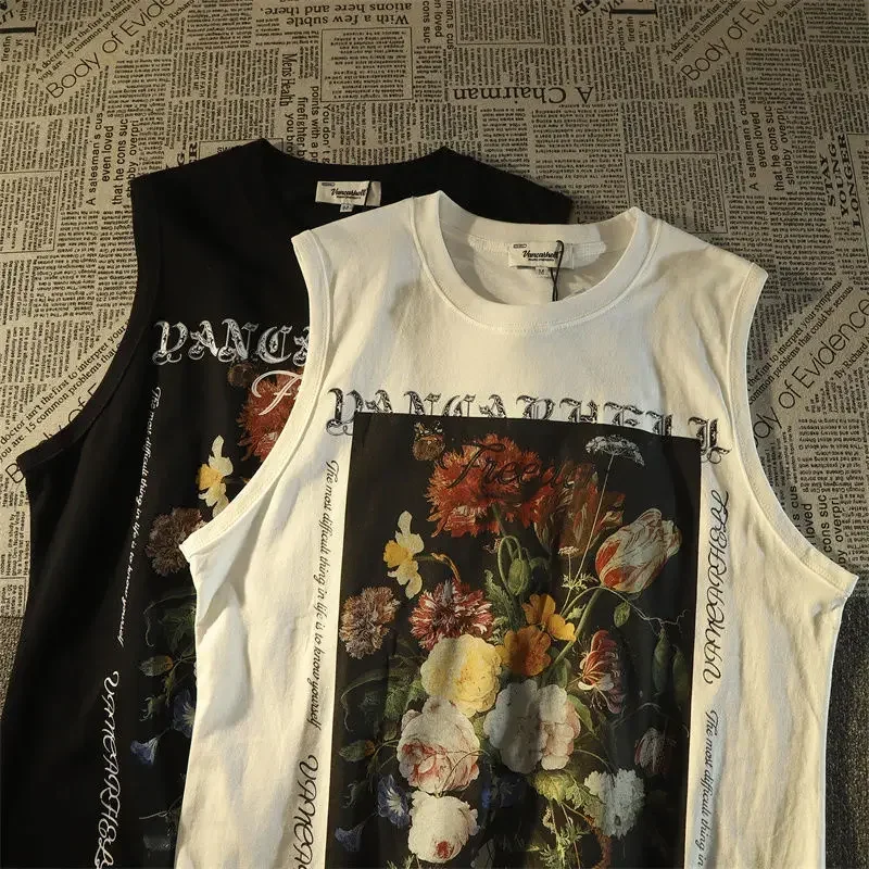 

American Retro Floral Pure Cotton Vest for Men and Women Summer Street Trend Brand Hiphop Oversized Sleeveless T-shirt Top Ins