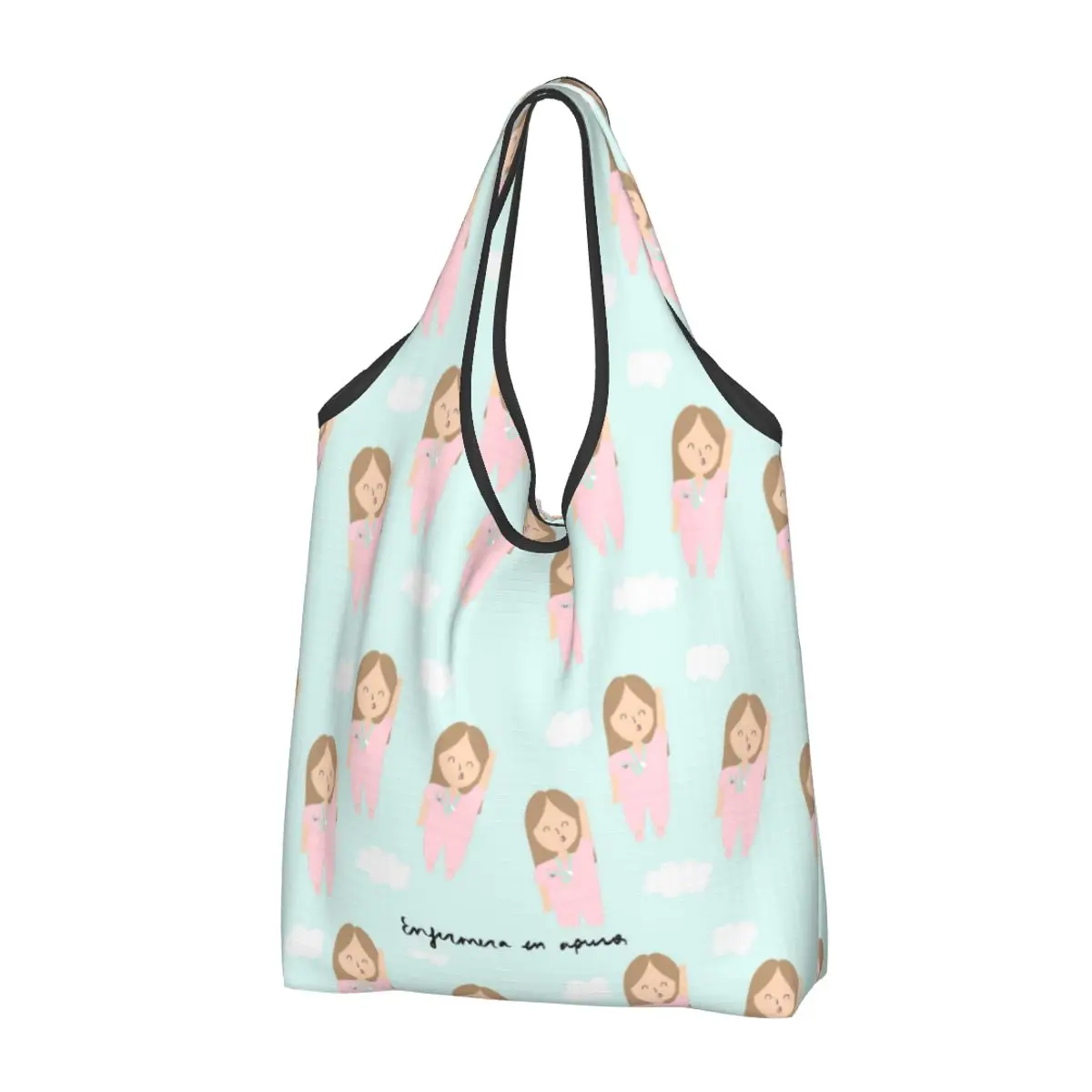 Large Reusable Enfermera En Apuros Nurse Pattern Grocery Bags Recycle Foldable Shopping Tote Bag Washable With Pouch