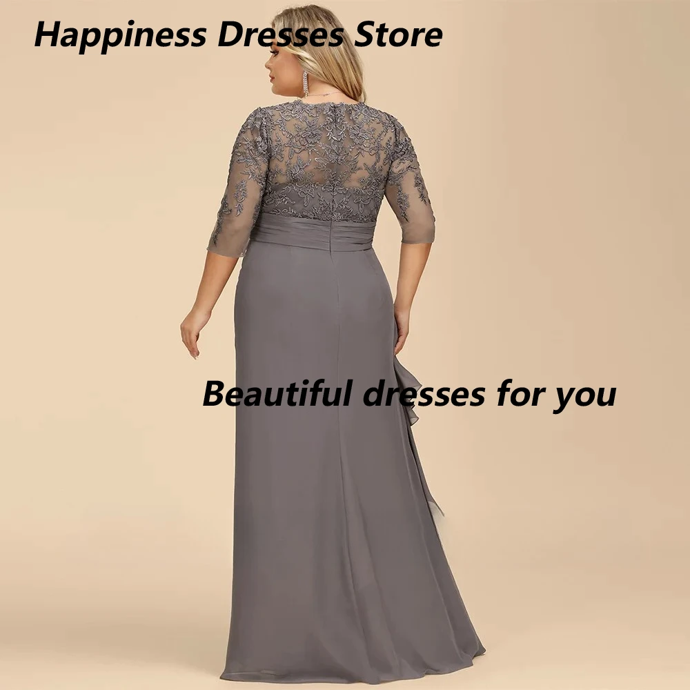 Abito grigio per la madre della sposa con scollo a V maniche a 3/4 con applicazioni di perline in chiffon A Line Abito da cerimonia per invitati Abiti da sera personalizzati