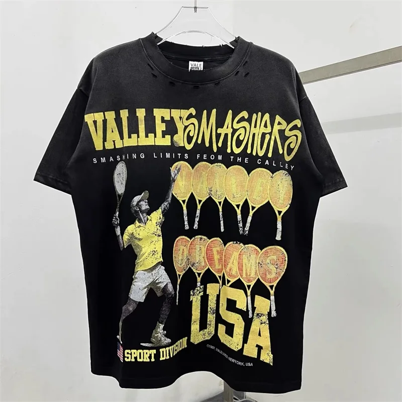 

Oversized VALLEY Tennis Print T-Shirts Men Women 1:1 Best Quality Washed Hole Black American Vintage Vale Tshirts Tees