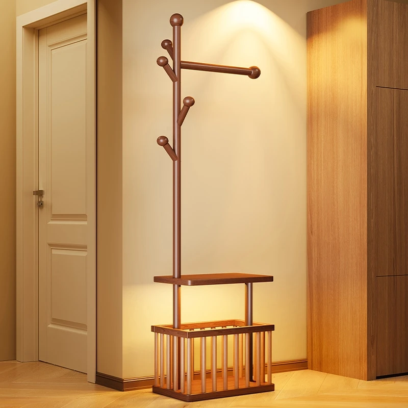 

Solid wood coat rack Floor-to-ceiling bedroom hanger Movable space-saving clothes artifact clothes storage rack at night