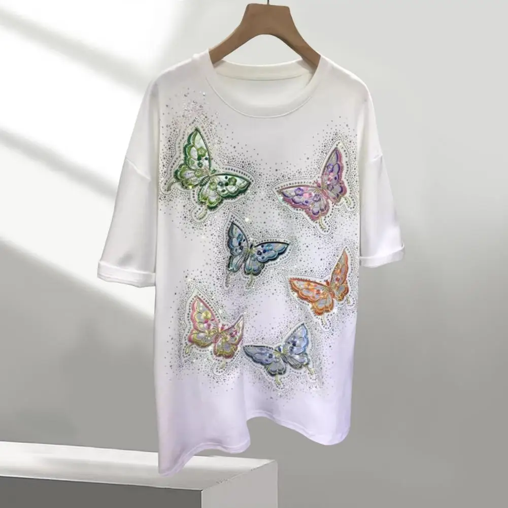 Embroidery Butterflies Tops Summer Fashion T-shirt Short Sleeve Casual For Women High Quality Pure Cotton Oversized T Shirts