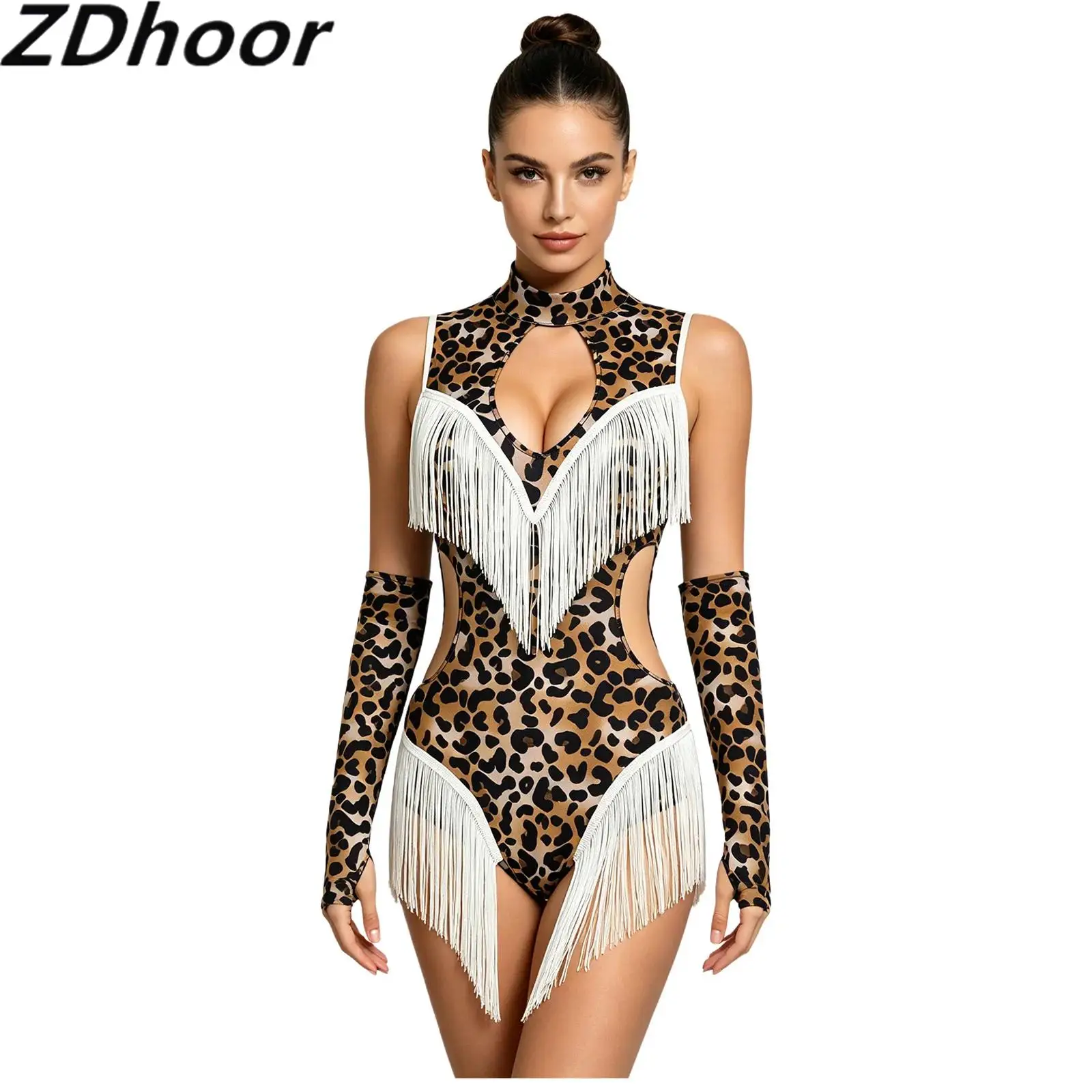 

Women Latin Dance Leopard Bodysuit Tassel Detail Front Keyhole Backless Hollow Out Waist Buttoned Crotch Leotard for Tango