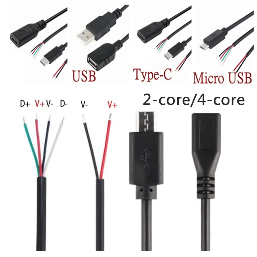 Power Supply Date Cable 2 Pin USB A TYPE-C Female Male 4 Pin Wire Jack Charger Cord Extension Connector DIY 5V 2/4-core Line