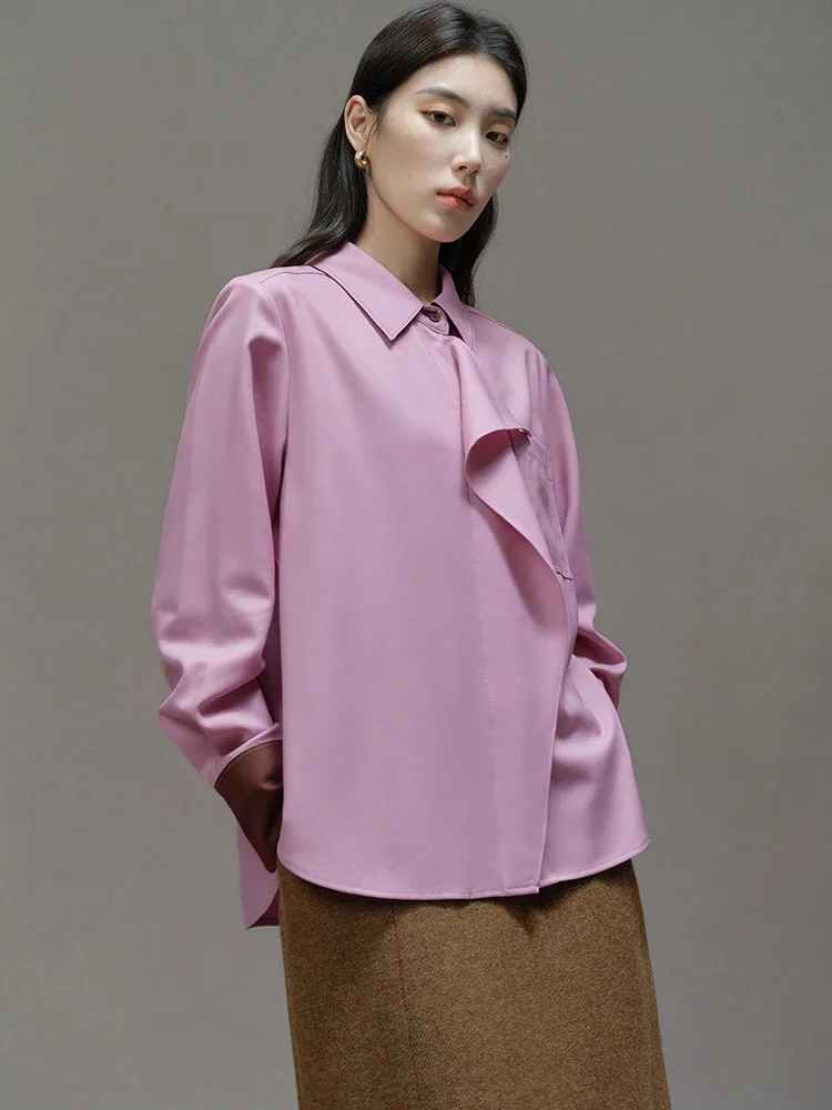 DUSHU 50.2% Wool Pink Temperament Straight Women Winter Blouses Ruffle Edge Design Front Shoulder Shirts Contrasting Cuff Tops