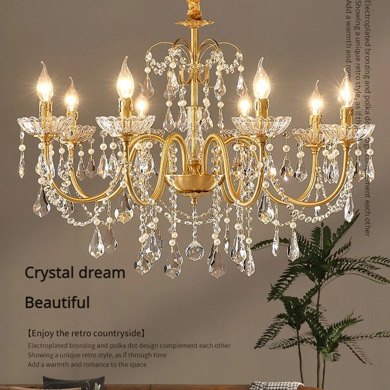 Vintage French Full Copper Chandelier Luxury Crystal LED Pendant Lamp for Living Room Dining Room Bedroom Children Princess Room