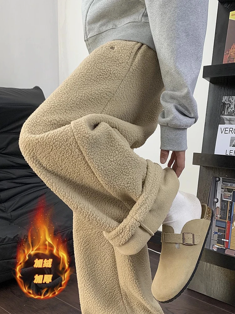 

Lamb Velvet Thiened Sweatpants Men's Autumn Winter Fce Lined Warm Knife Pants American Loose Casual Straight Leg Pants