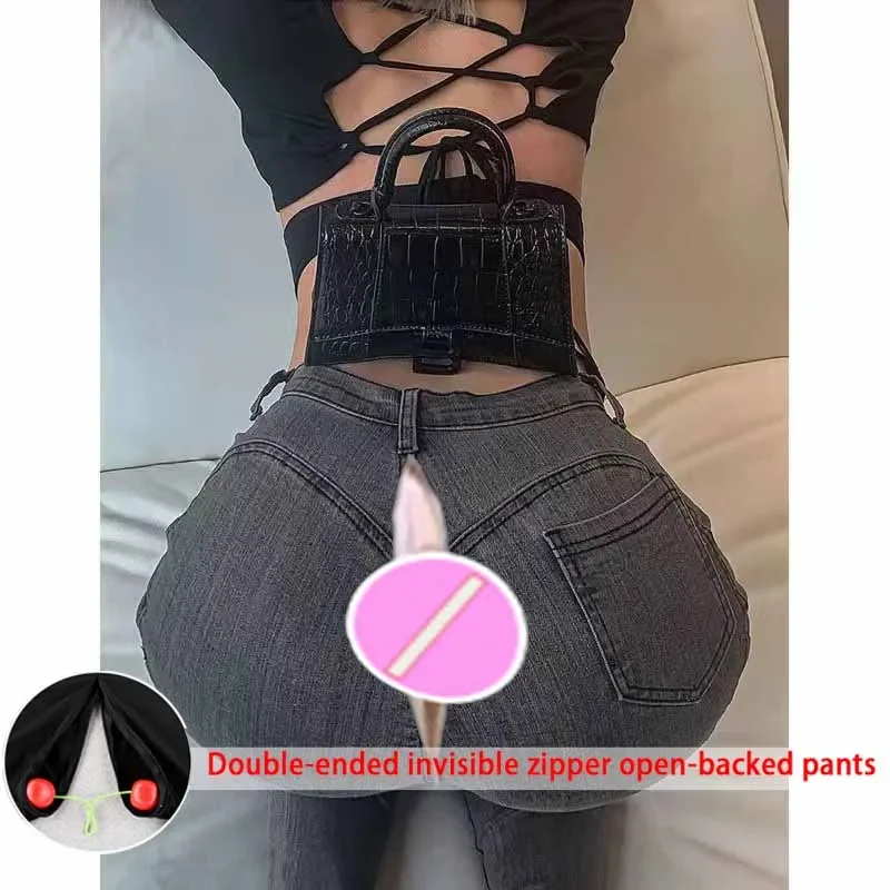 Outdoor Open Crotch Sex Pants Exotic Hotpants Women Boyfriend Ripped Jeans Peach Hip Denim Y2k Trousers Couple Casual Streetwear