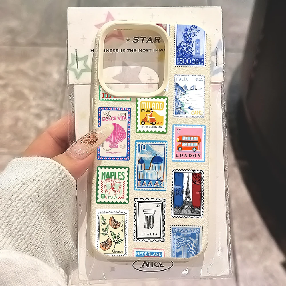 Europäische Briefmarken-Collage-Hülle für iPhone 14 15 Pro Max Hüllen Telefon 11 12 13 ProMax 16 17 Plus X XR Lychee-Muster Sturzsichere Abdeckung – Detail 7