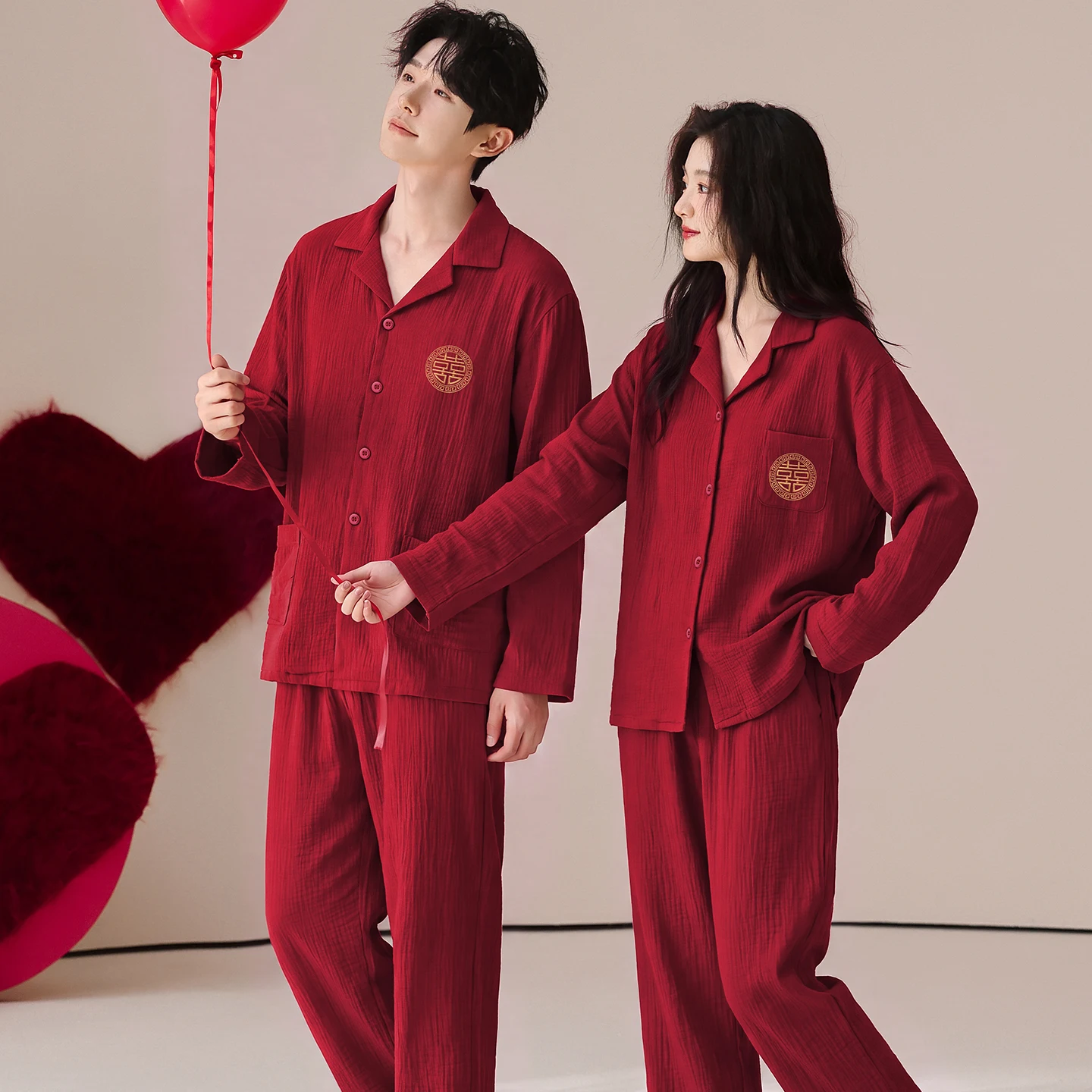 Couple Nightwear Suit Spring Sweet Cute Long Sleeve Pajamas For Male Female Red Color Homewear Men M-3XL Cotton Pijamas Mujer