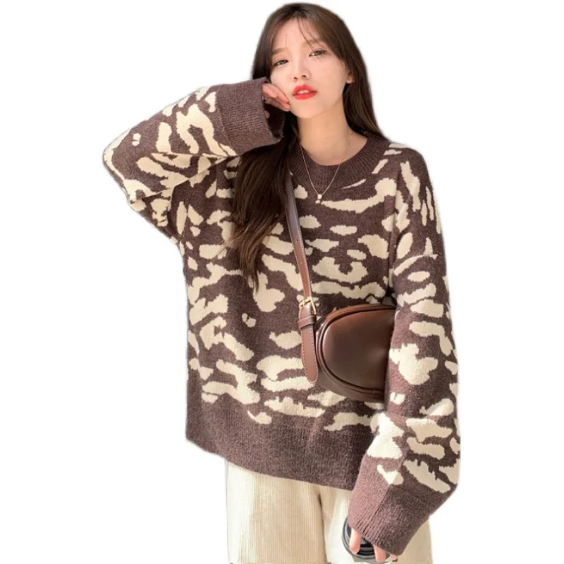 Women\'s Leopard Gothic Pullover Knitted Sweater Harajuku Korean 90s Y2k Long Sleeves Jumper Striped Sweaters Vintage 2000s