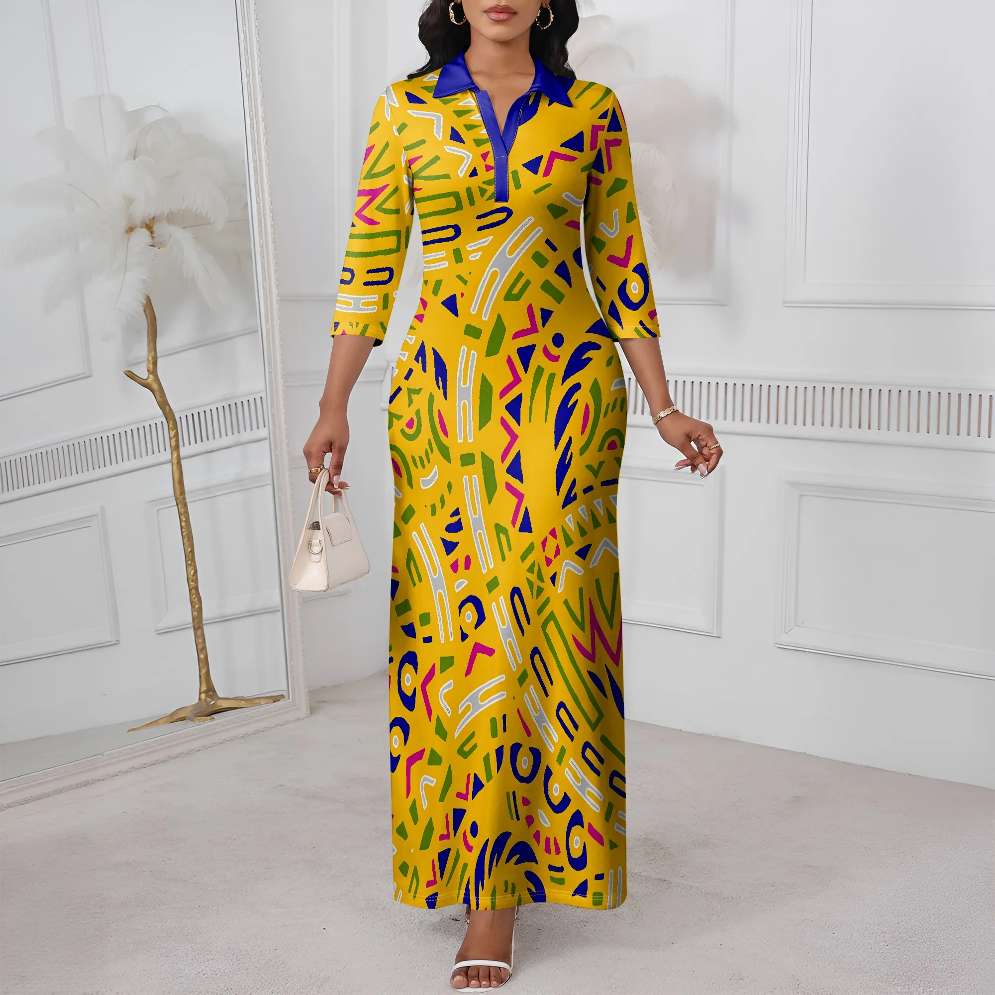 

Nupusa Colorful Geometric Print Dress for Women Regular Size Casual Shirt Collar 3/4 Sleeve Maxi Dress