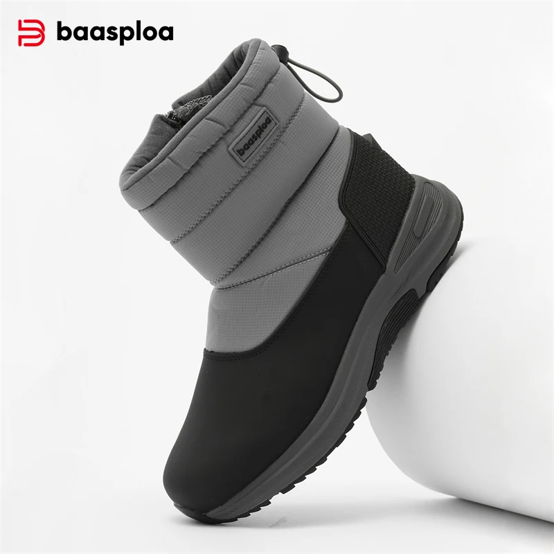 Baasploa Men Snow Boots Winter Plush Warm Cotton Shoes for Men New Fashion Leather Waterproof Walking Shoes Non-Slip Outdoor