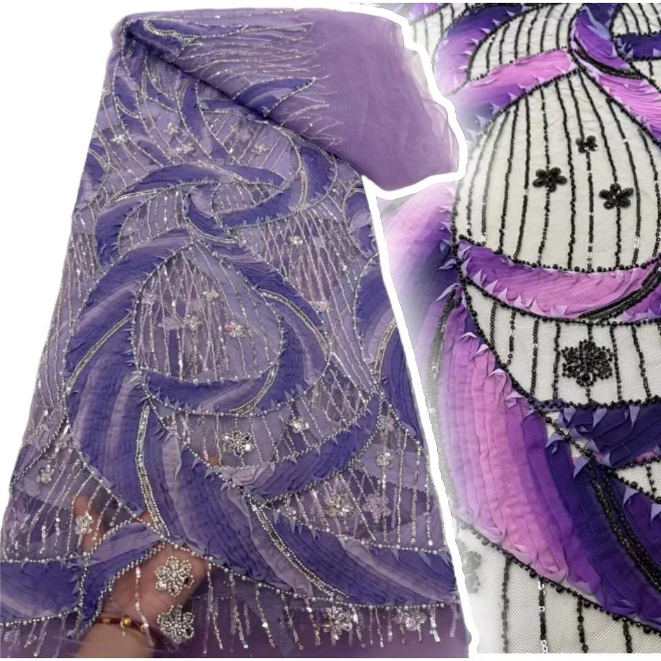 

High Quality Handmade Purple Embroidery Net Lace Fabric with Beads Sequins New Fashion Design for Women Evening Dress AH1096