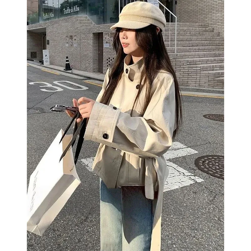 

Корейская женская однотонная короткая ветровка-тренч, модная повседневная куртка-ветровка для женщин, весенне-осенняя женская куртка с воротником-стойкой на подкладке