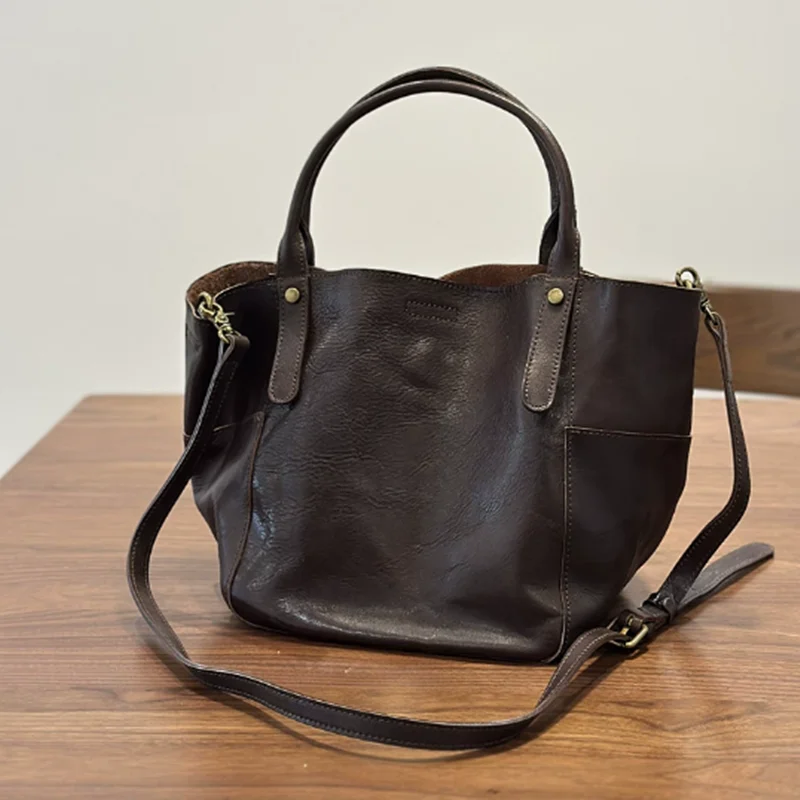 Korean version new large-capacity handcrafted cowhide shopping bag retro bucket single-shoulder crossbody leather handbag