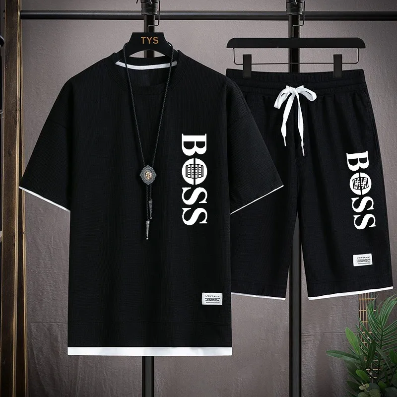 

Fashionable printed T-shirt and shorts set for men's sports, simple and comfortable summer waffle suit