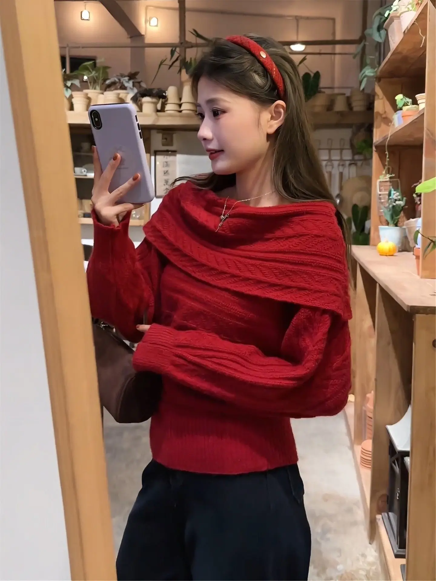 

Свободный красный вязаный свитер для женщин: уютная зимняя повседневная одежда из мягкой ткани с длинными рукавами