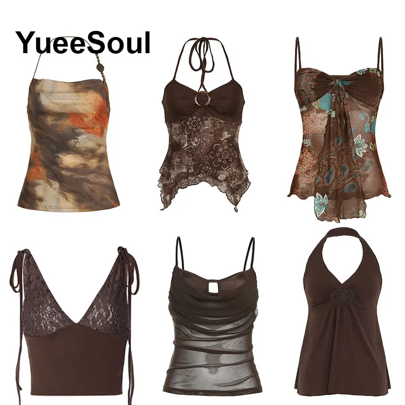 

Винтажный коричневый укороченный топ для женщин, новинка 2025, тонкие топы без рукавов с принтом, летние Y2K, милые, милые, повседневные, уличная, женская одежда