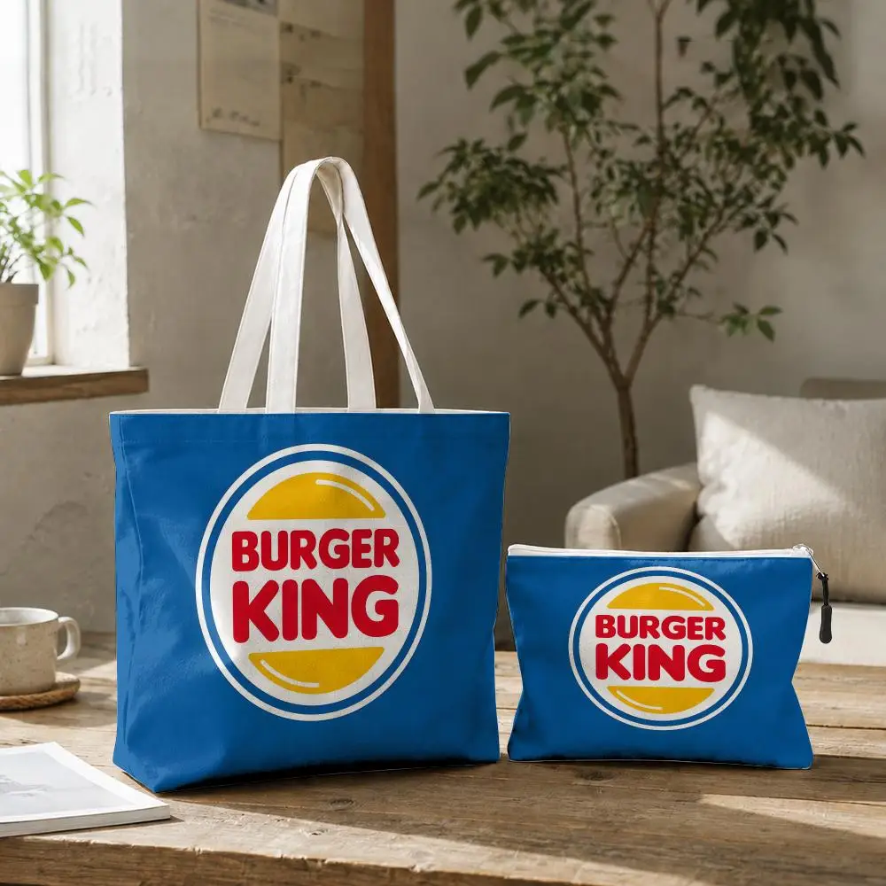 H-Hun Burger King Storage Bags 2-Piece Set Double-Sided Printed Canvas Tote Bags with Zipper Shopping Shoulder Handbags