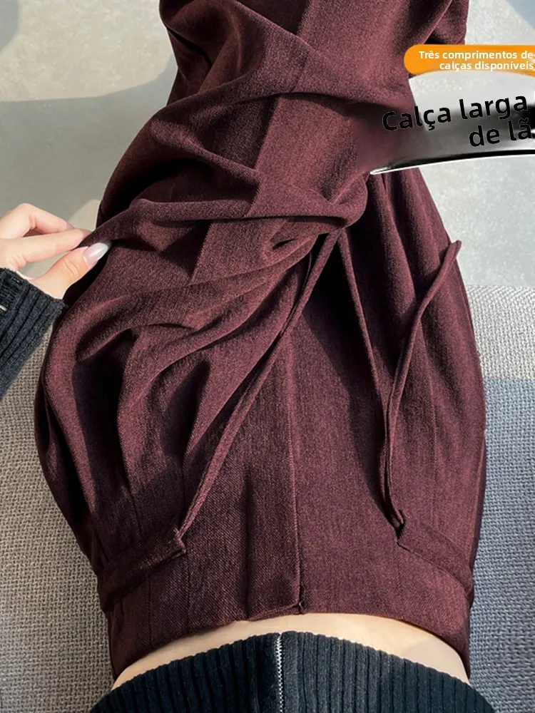 Ankela High Waist Wide Leg Suit Pants Women's Winter Thickened Fleece Casual Straight Tube Trousers Vintage Commute Style