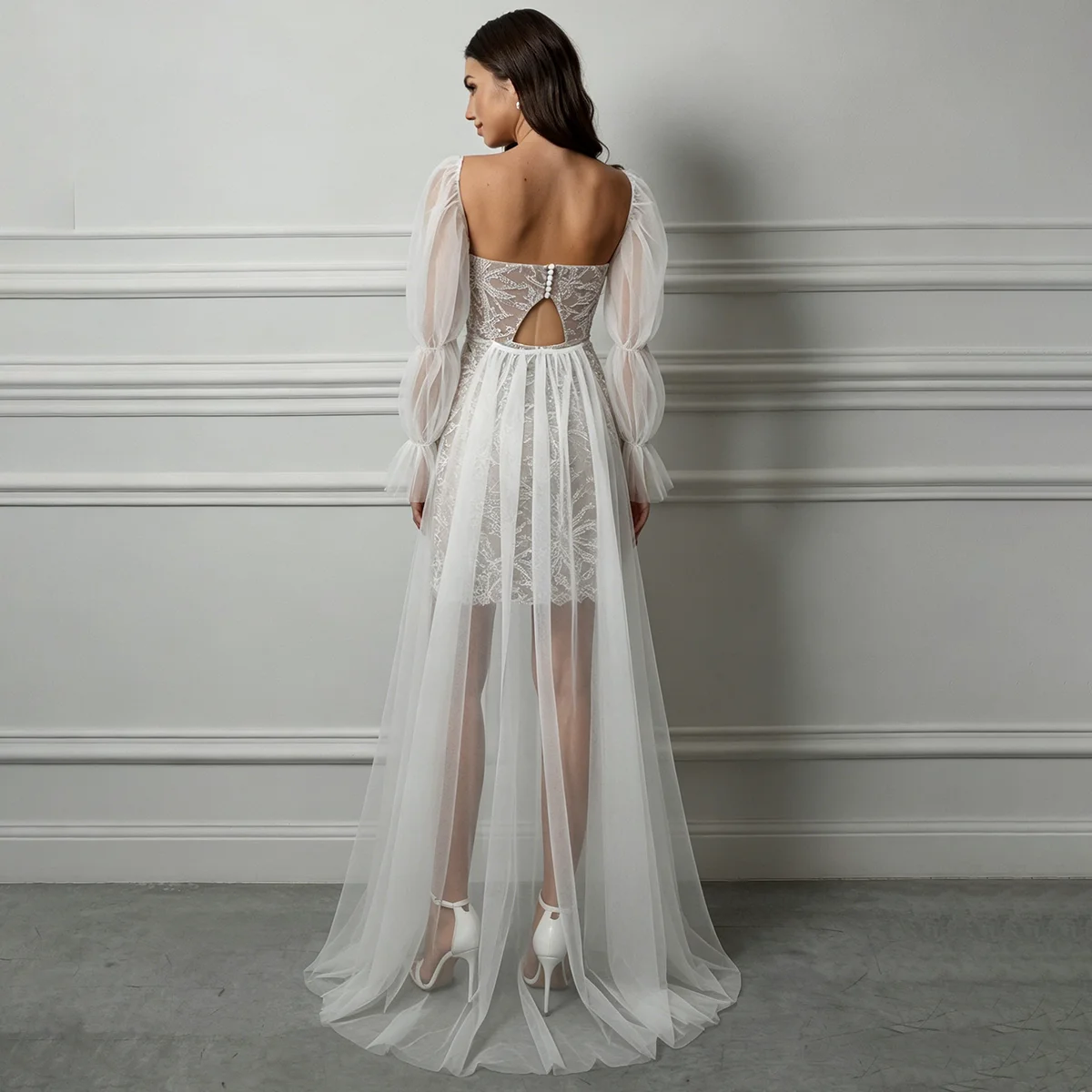 Long Bubble Sleeves Beading Mini Bridal Gowns Customized Big Size Detachable Tulle Train Square Beading Open Back Wedding Dress