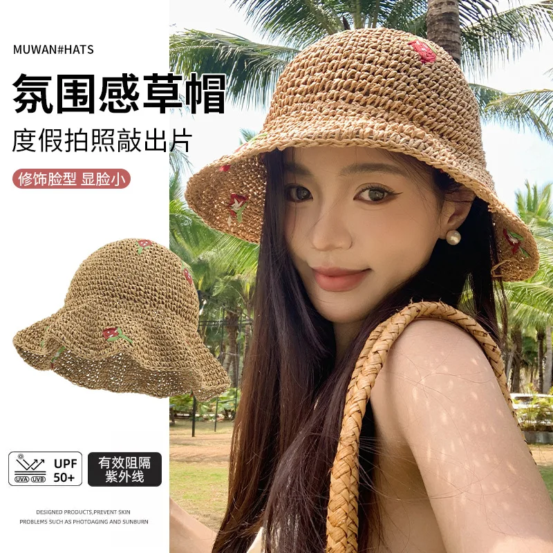 

Custom Large Circumference Hollow Lace Trim Straw Hat Women 2025 New Spring Summer Hat Beach Sunshade Protectio