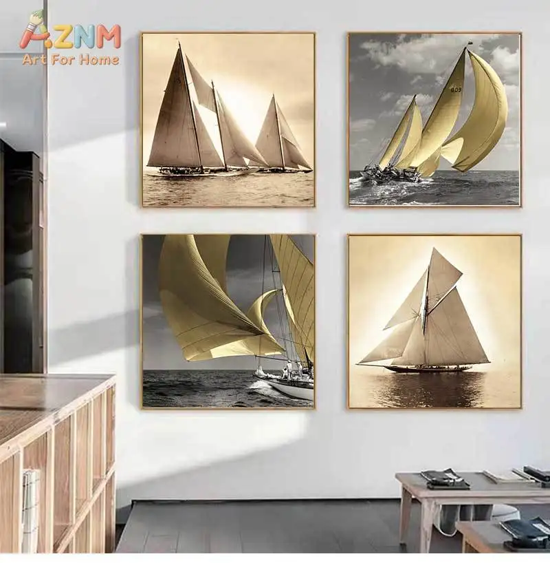 AZNM Vintage Sailing Boat Nautical Canvas Wall Art Print Decor