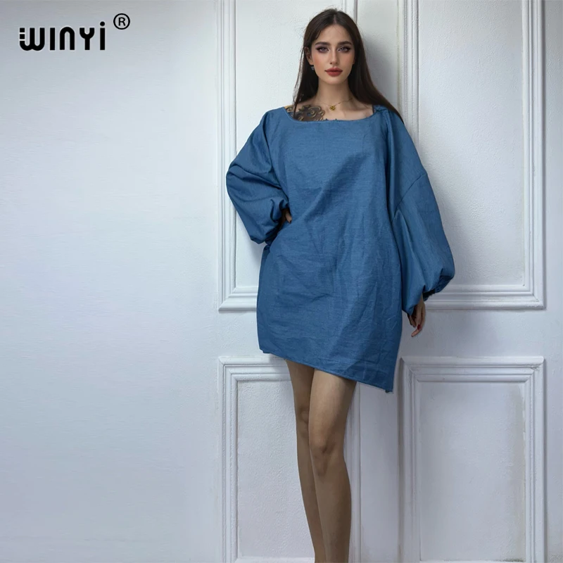 WINYI NEW Original Bubble sleeves making old denim dresses Fashion Africa Womens holiday Casual Maxi beach dress party dresses