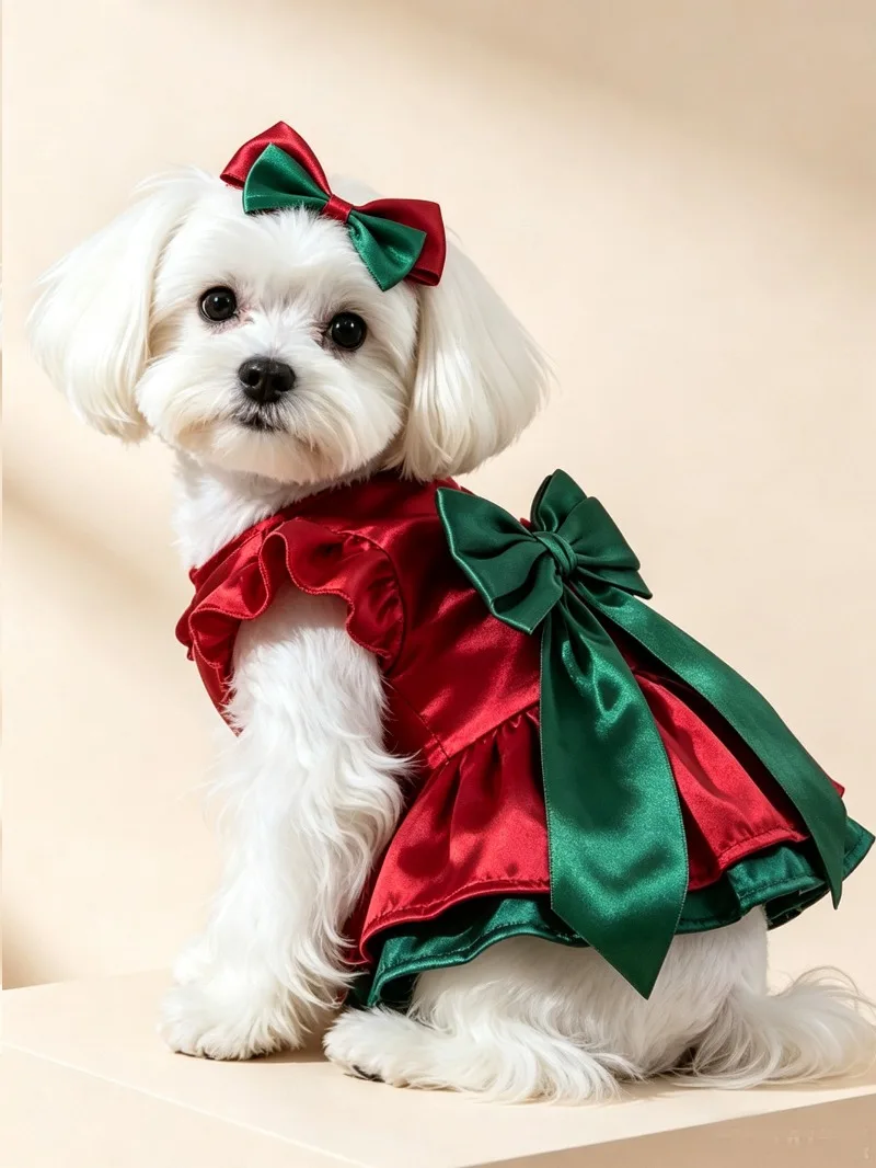 Doppellagiges festliches Kleid mit Schleife für Haustiere, Herbst-Winter-Hundekleidung, Katzenrock, Katzen- und Hundekleid, Haustierbekleidung, Festtagskostüm für Partys – Detail 4
