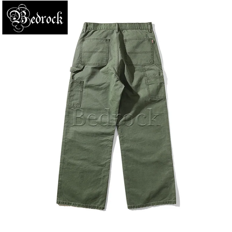 

MBBCAR Vintage Distressed Cargo Pants B11 Loose Straight Lumberjack Overalls Green Carpenter Pant Heavy Double Knee Pant For Men